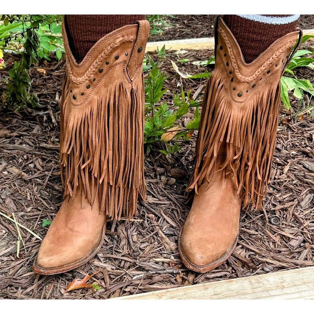 Liberty Black Tan Leather Fringe Western Boots LB-71124 Studded Pointed Toe 8 - Picture 3 of 8